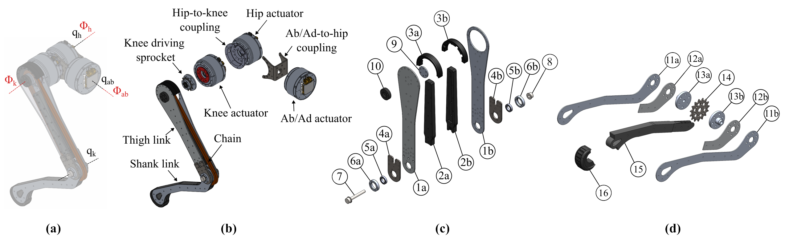 Joints and actuator axes, and details of leg, thigh link, and shank link design