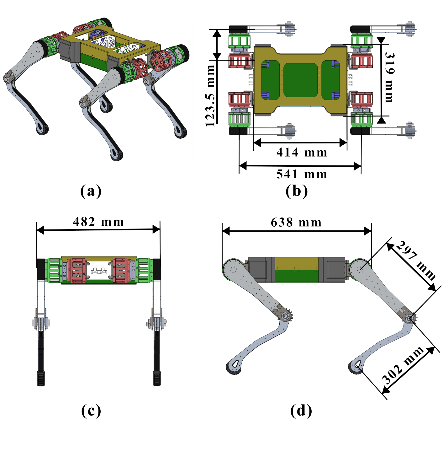 Robot Dimensions: isometric, top, front, and side views