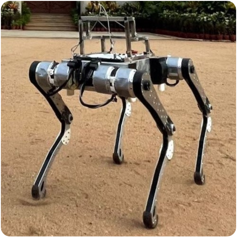 Chain-driven, Sandwich-legged quadruped robot shown standing on the ground.